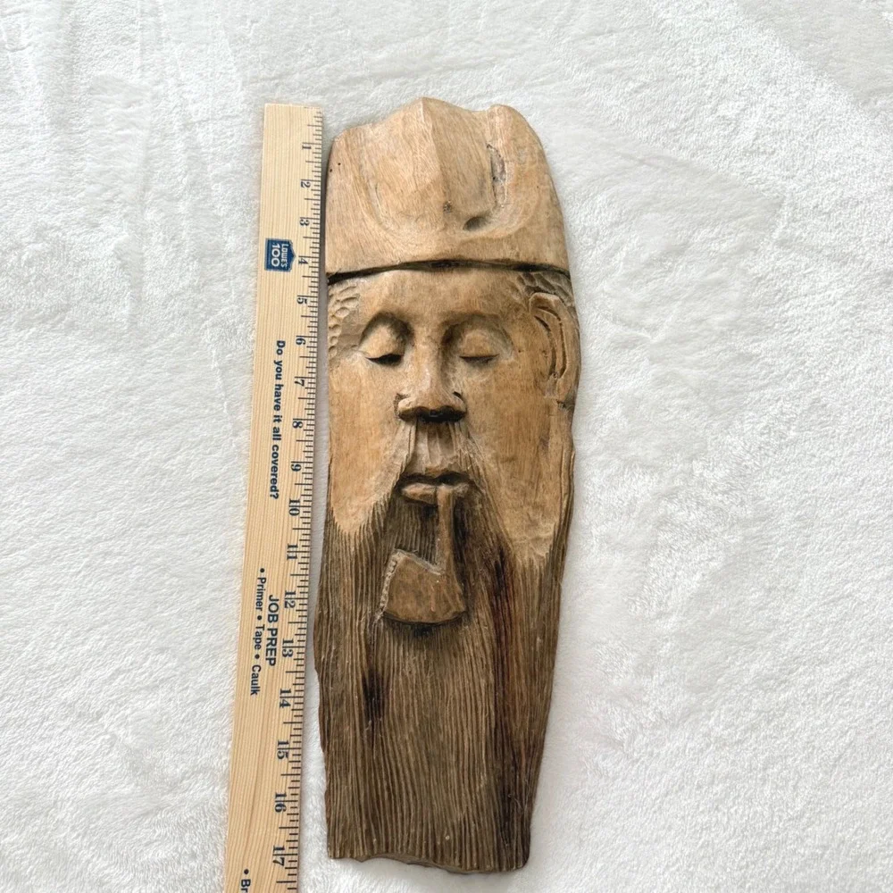 Vintage 70 Hand Carved Wooden Asian Sage Wall Mask Rustic Folk Art Hanging Decor